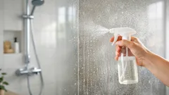 Duschglas wieder klar: mit warmem Essig und Spüli Kalk und Seifenschmiere lösen